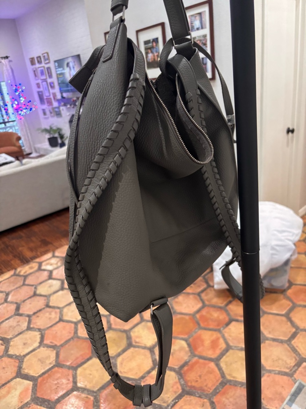 AllSaints Taupe Leather Convertible Backpack Tote - Picture 8 of 13